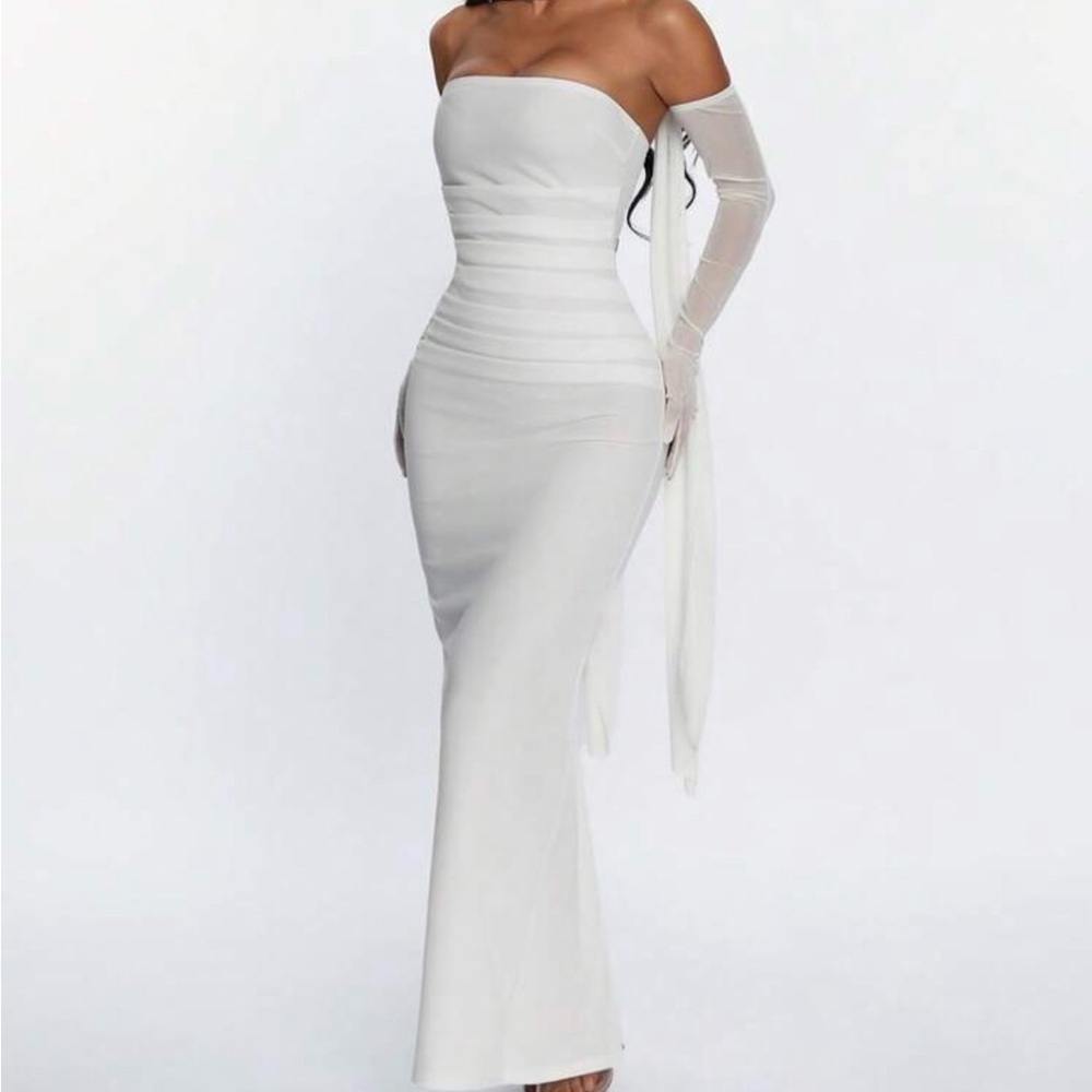 SHEIN White Strapless Ruched Mermaid Evening Dress with Gloves and scarf